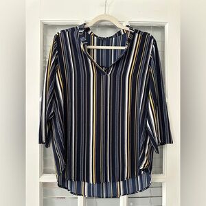 DL Women’s M 3/4 Sleeve V Neck Blue Striped Blouse